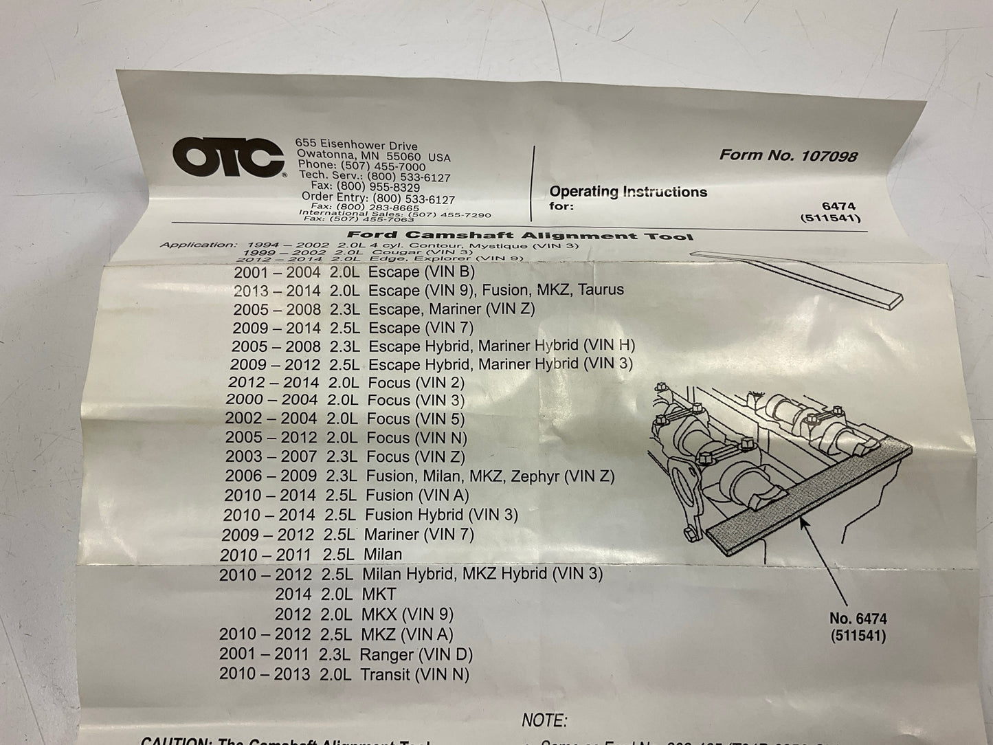 OTC 6474 Ford Cam Camshaft Alignment Tool - Ford 2.0L 2.3L 2.5L Engine