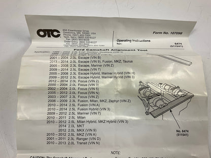 OTC 6474 Ford Cam Camshaft Alignment Tool - Ford 2.0L 2.3L 2.5L Engine