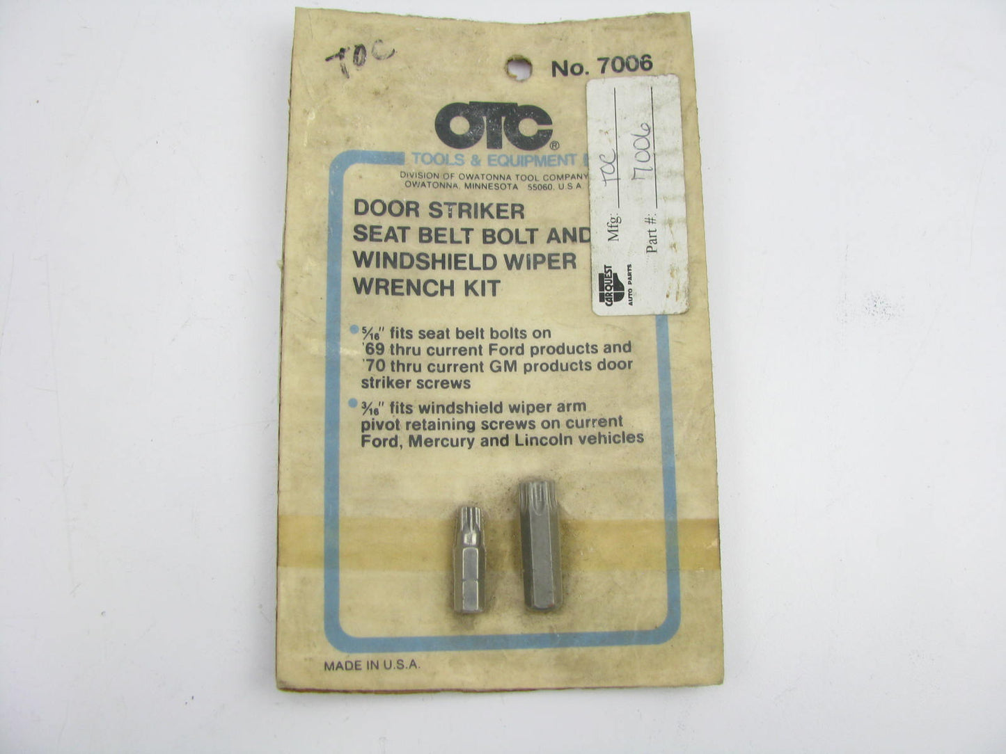 OTC 7006 Door Striker Seat Belt Bolt & Windshield Wiper Wrench Kit - USA