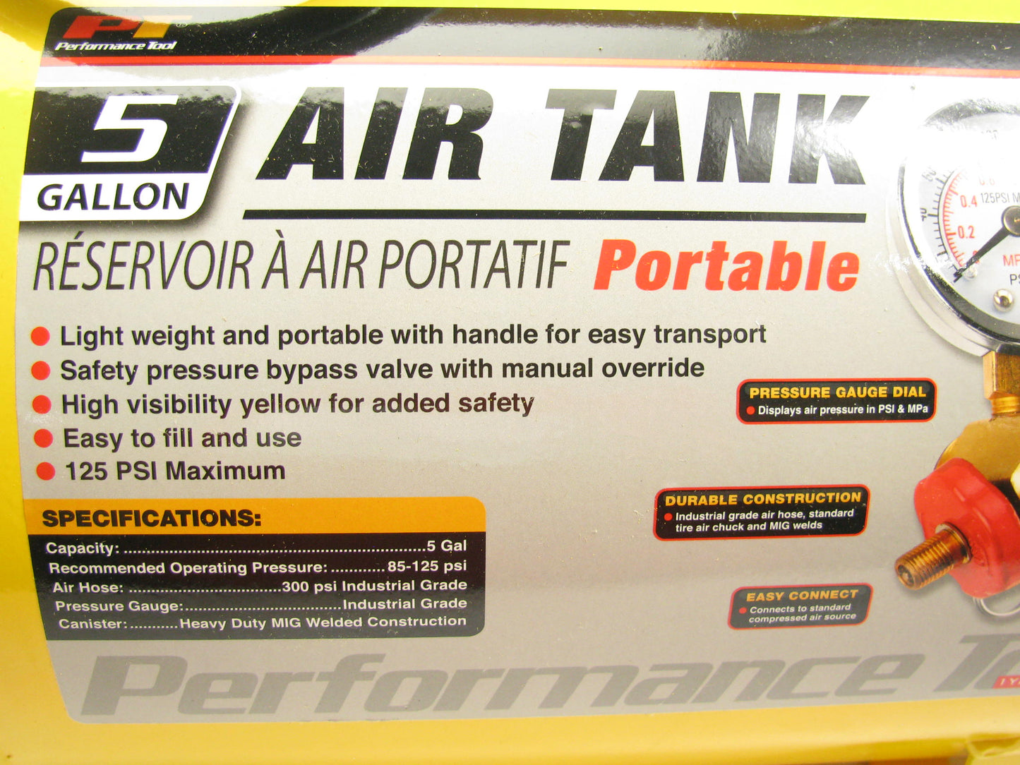Performance Tool W10005 Hi-Viz 5-Gallon Horizontal Portable Air Tank W/ Gauge