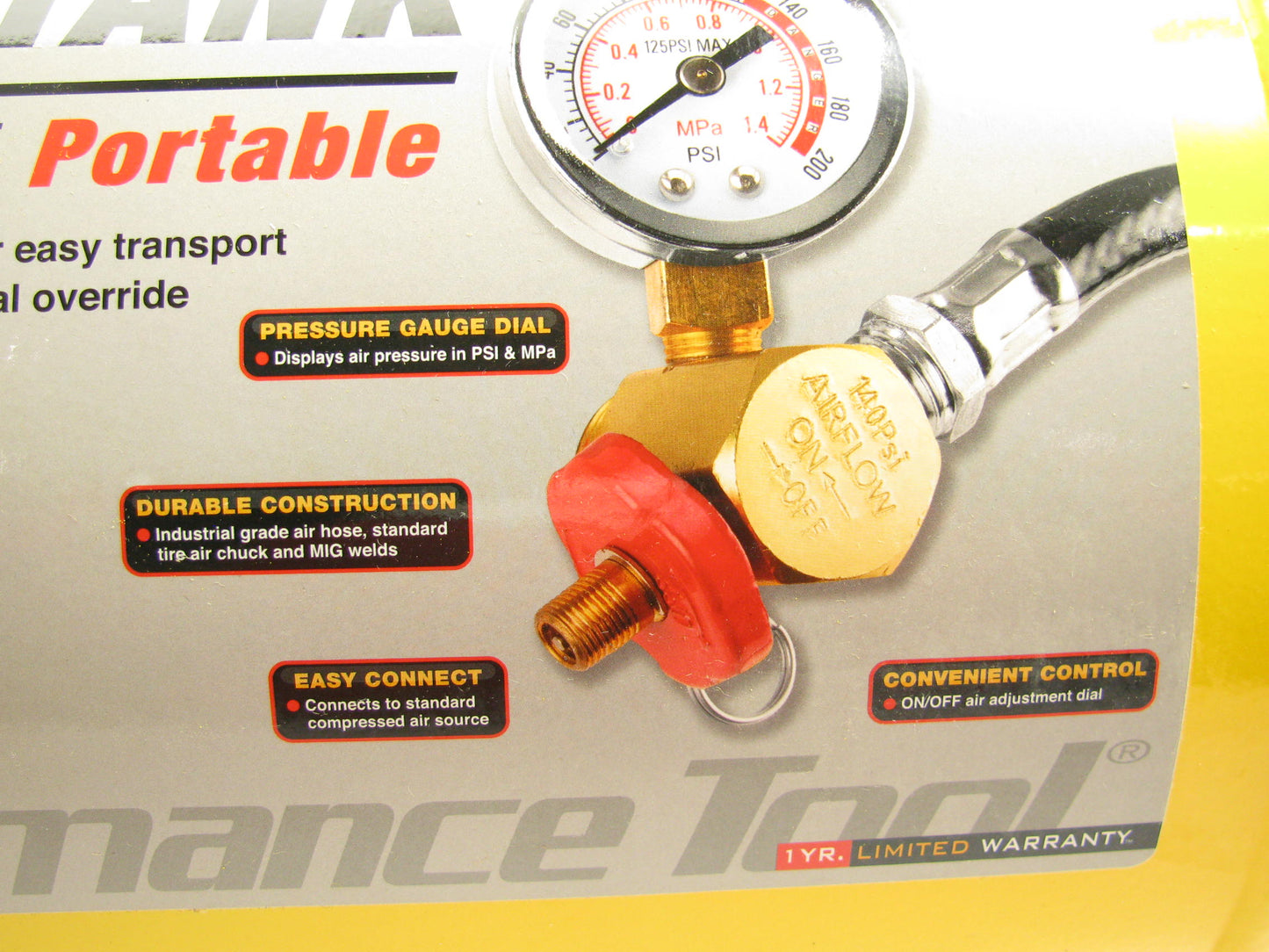 Performance Tool W10005 Hi-Viz 5-Gallon Horizontal Portable Air Tank W/ Gauge