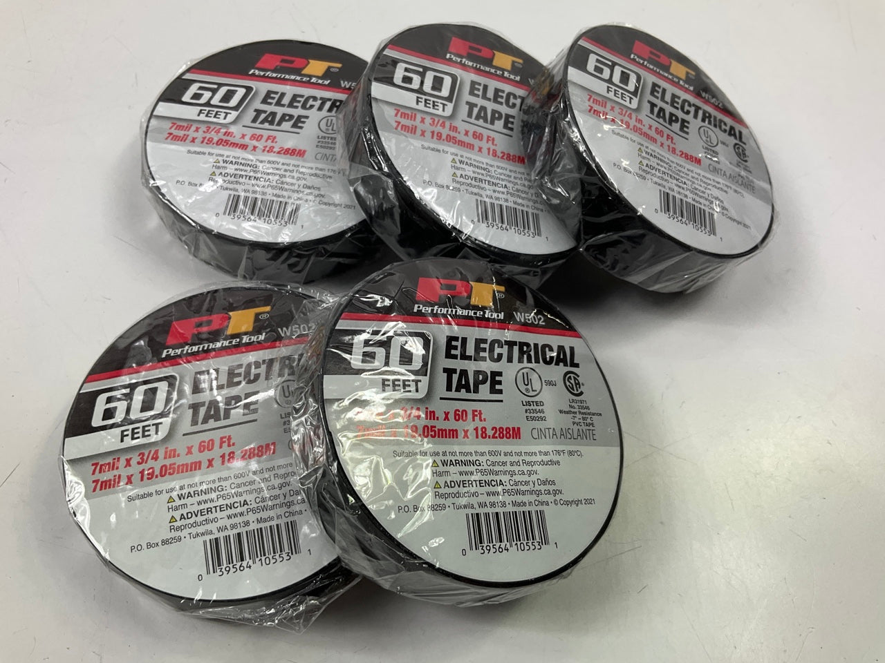 5 ROLLS - Performance Tool 3/4'' X 60' Black Electrical Tape