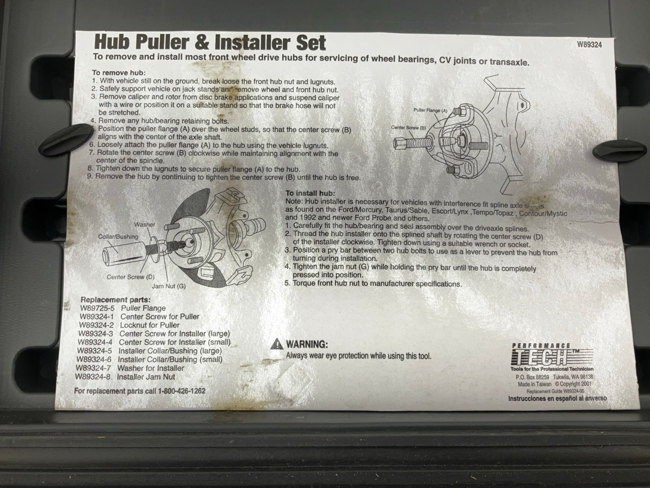 USED - Performance Tool W89324 Front Hub Remover / Installer Tool