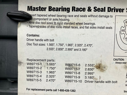 USED - Performance Tool W89715 10 Piece Master Bearing Race & Seal Driver Set