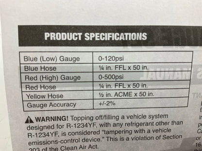 Performance Tool W89739 YF A/C Diagnostic Manifold Gauge Kit With Hoses