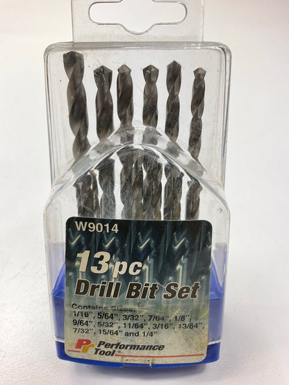 Performance Tool W9014 13-Piece HSS Fractional Drill Bit Set, 1/16'' Through 1/4''