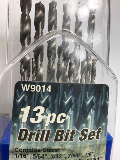 Performance Tool W9014 13-Piece HSS Fractional Drill Bit Set, 1/16'' Through 1/4''