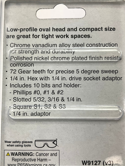 Performance Tool W9127 1/4'' Drive 72 Teeth Bit Driver & Bit Set