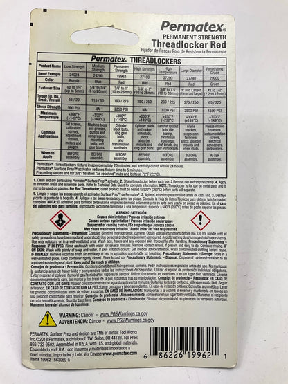 (2) Permatex 19962 Permanent Strength Threadlocker RED, 6 Ml Tubes Thread Lock