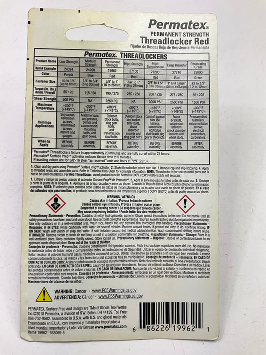 (2) Permatex 19962 Permanent Strength Threadlocker RED, 6 Ml Tubes Thread Lock