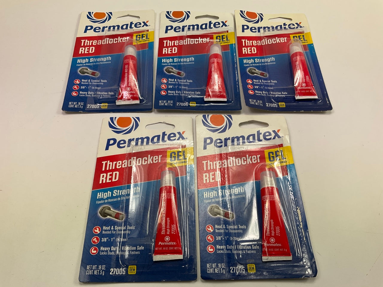 (5) PACKs - Permatex 27005 High Strength Threadlocker Red Gel Squeeze, 5 Gram