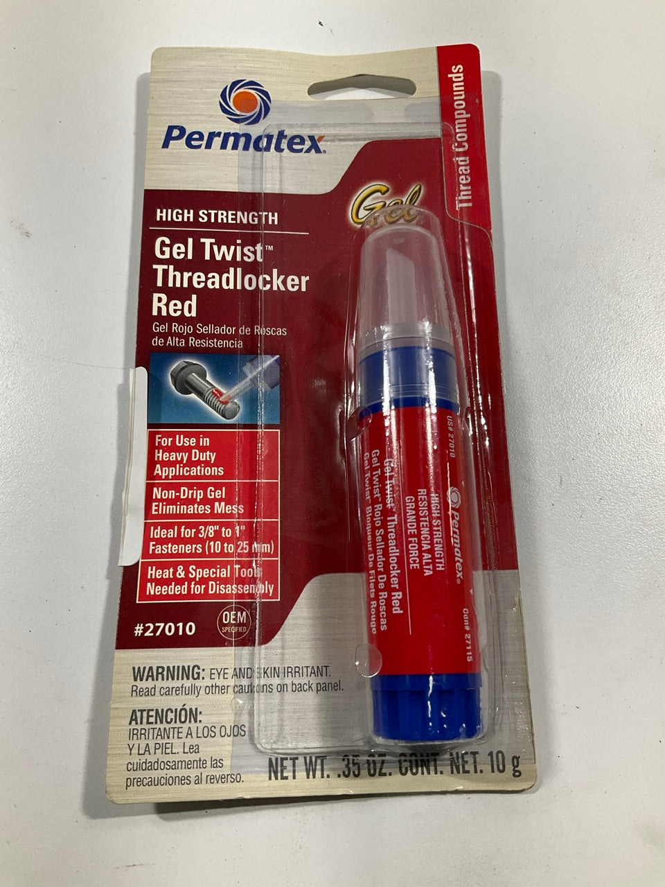 Permatex 27010 High-Strength Threadlocker Red 10g Gel Twist No Drip