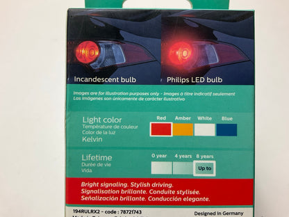Philips 194RLED Ultinon LED RED Brake Turn Lamp Light Bulb 194 - 4 PACK
