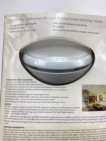 Philips 825170 Dimmable LED Light Medium Base Flood Light Bulb BR40 12W