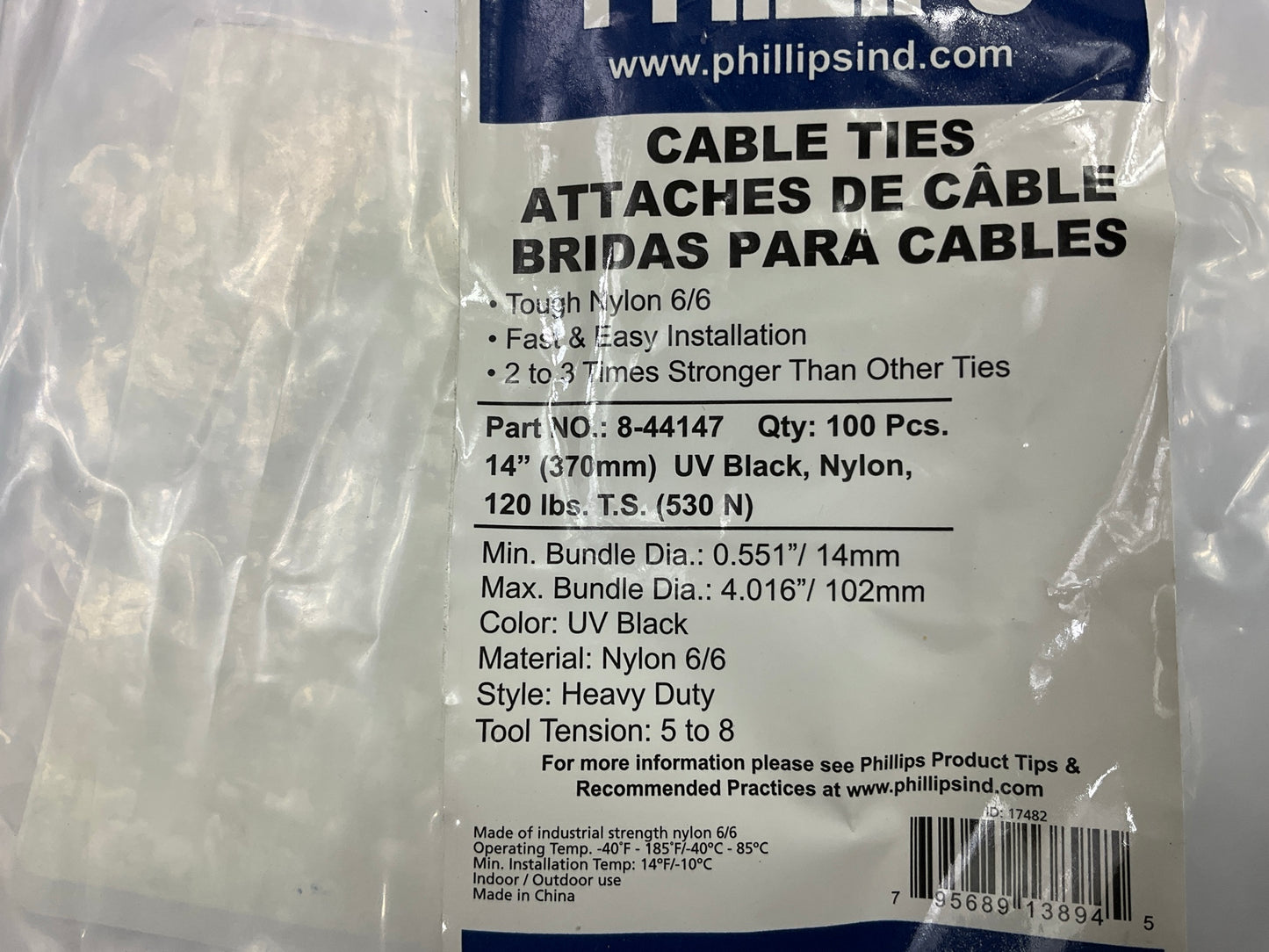 Phillips 8-44147 HD Cable Ties, 15'' Black, Nylon, 120 Lbs - Bag Of 100 Zip Ties