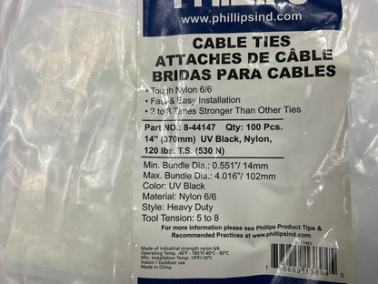 Phillips 8-44147 HD Cable Ties, 15'' Black, Nylon, 120 Lbs - Bag Of 100 Zip Ties