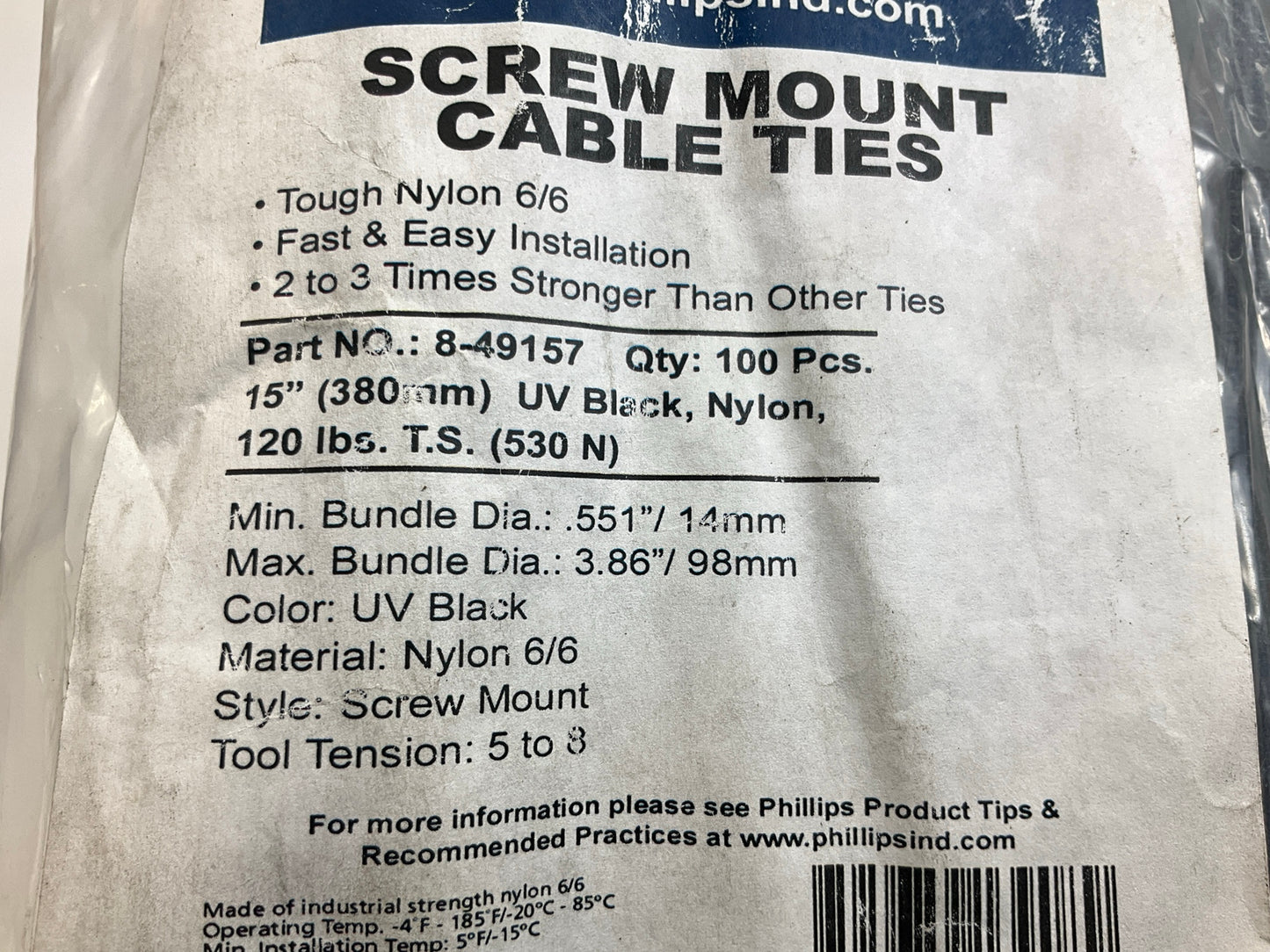 Phillips 8-49157 HD Cable Zip Ties 15'' Black, Nylon, 120 Lbs - Bag Of 100 Pcs