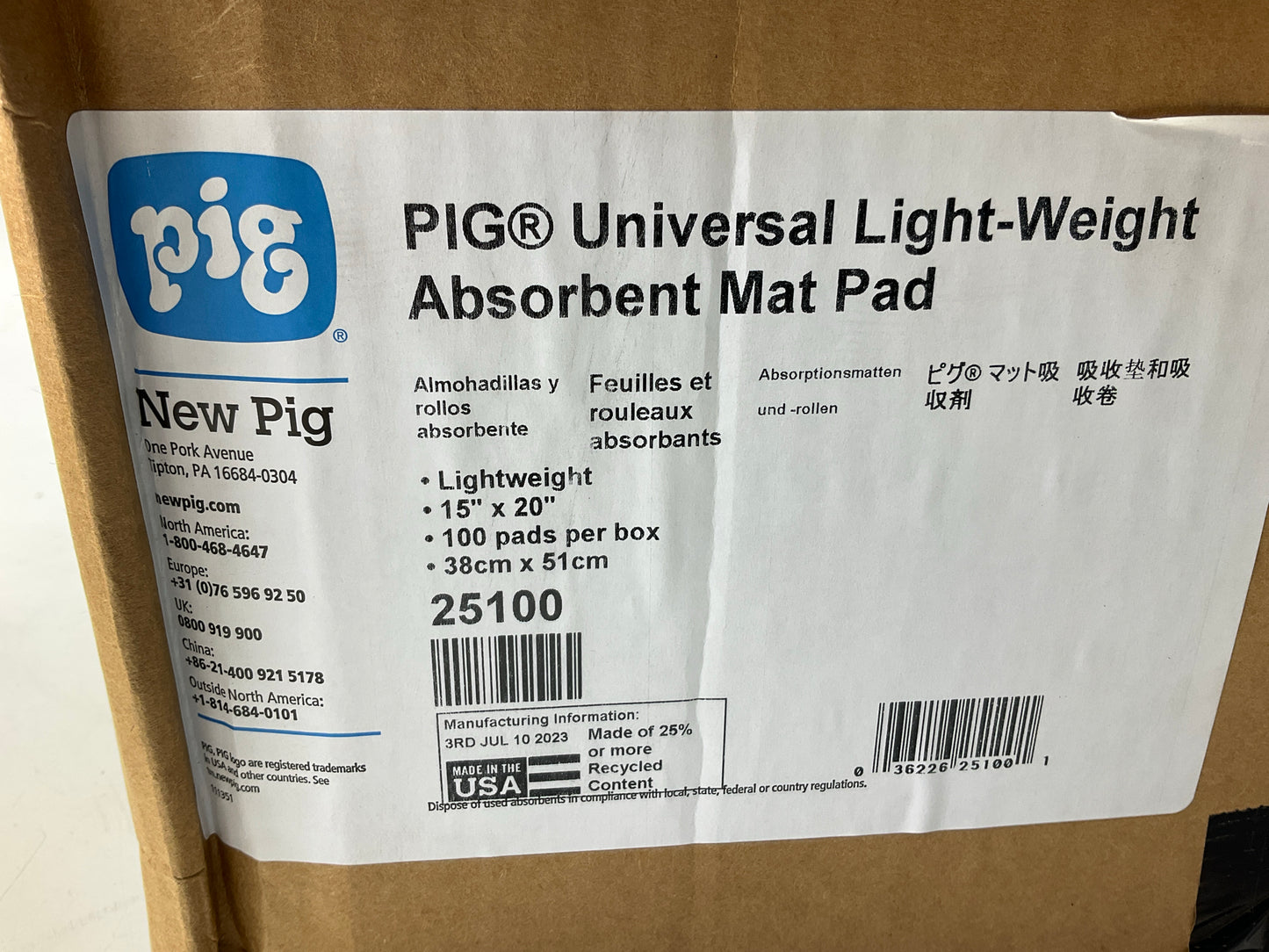 Pig 25100 Fluid Absorbent Mat Pads, 20''x15'', Box Of 100, Lightweight