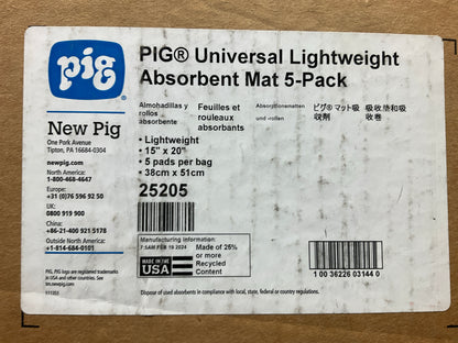 Pig 25205 Universal Absorbent Mat Pads Light-Weight 15'' X 20'' - 5 PACK Of 5 Each