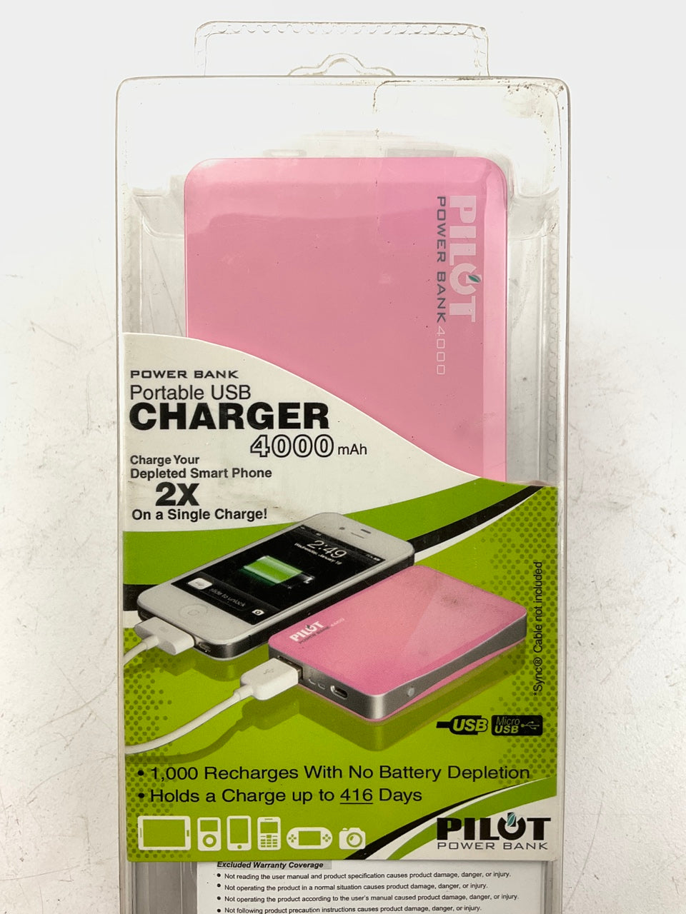 Pilot CA-9100P Cell Phone Portable Power Charger Bank USB/Micro, 4000mAx, Pink