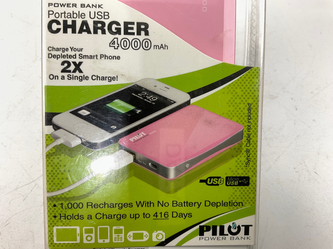 Pilot CA-9100P Cell Phone Portable Power Charger Bank USB/Micro, 4000mAx, Pink