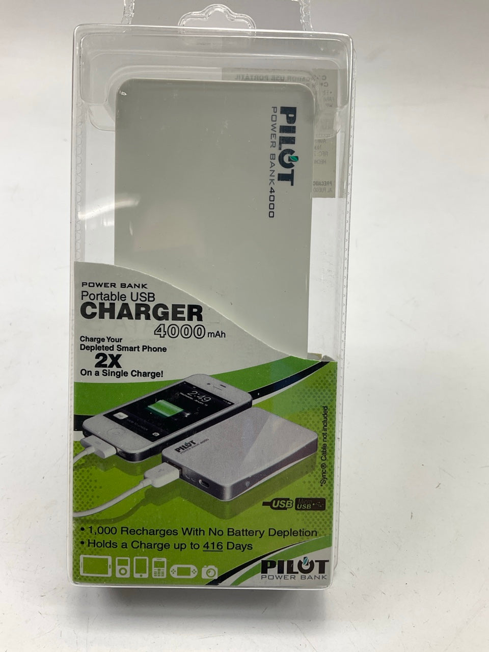 Pilot CA-9100W Cell Phone Portable Power Charger Bank USB / Micro, 4000mAh WHITE