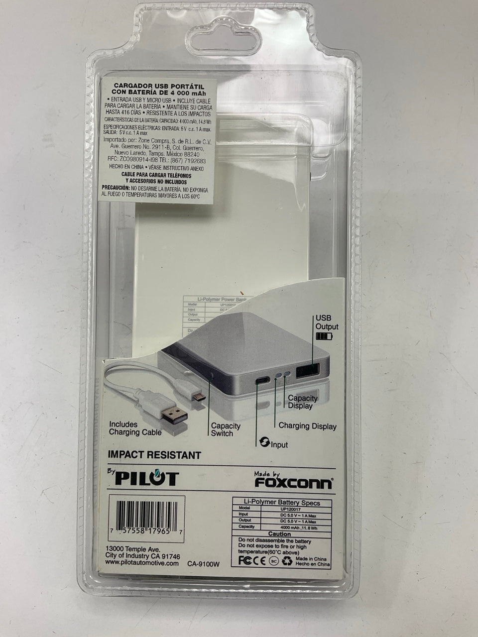 Pilot CA-9100W Cell Phone Portable Power Charger Bank USB / Micro, 4000mAh WHITE