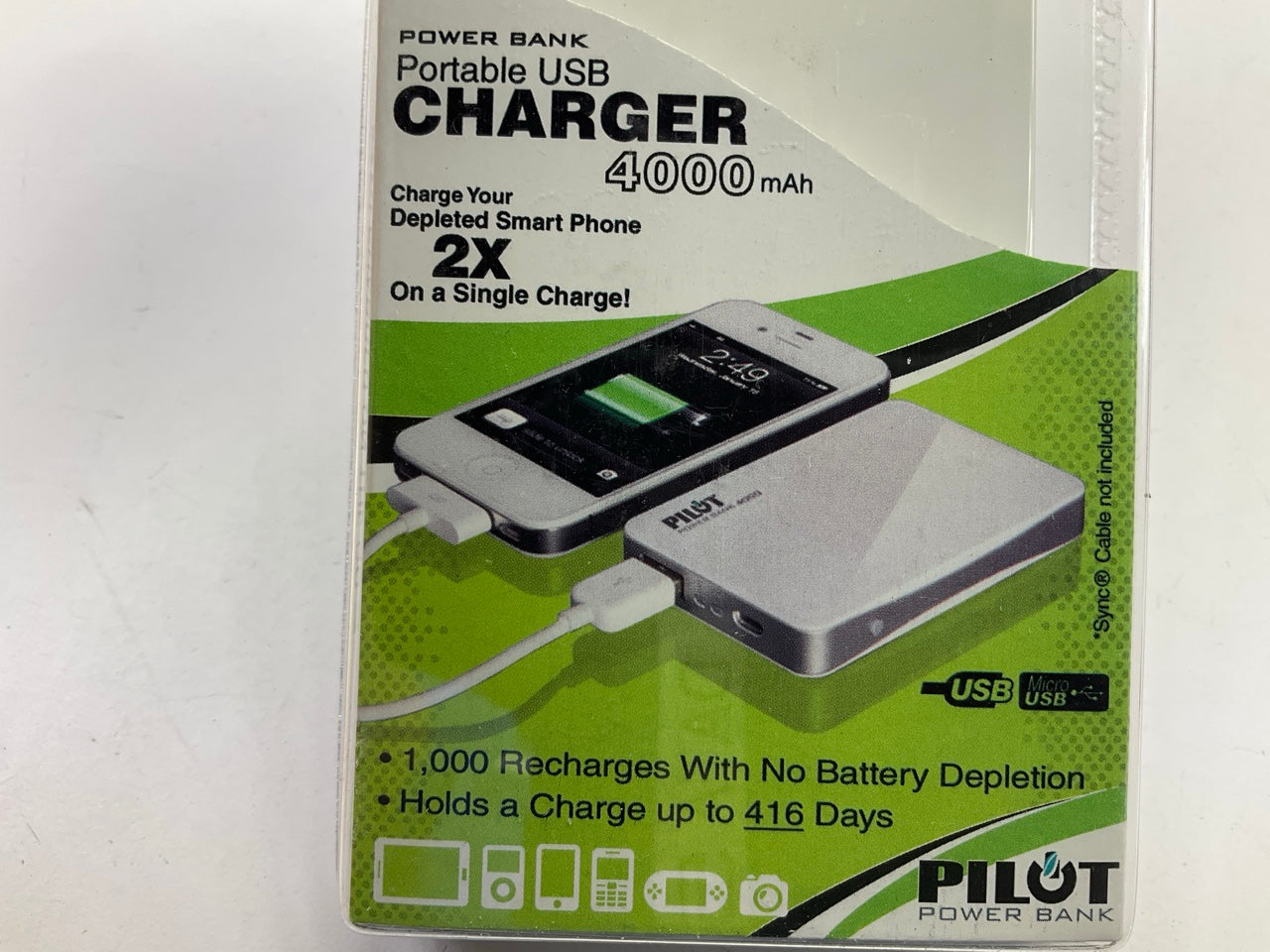 Pilot CA-9100W Cell Phone Portable Power Charger Bank USB / Micro, 4000mAh WHITE