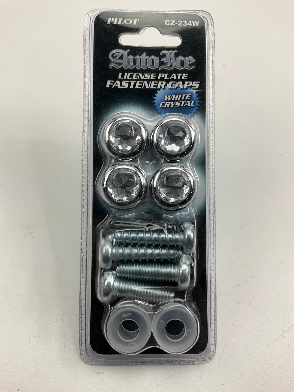 Pilot CZ-234W Chrome And Diamond License Plate Fastener Kit With Cover Caps