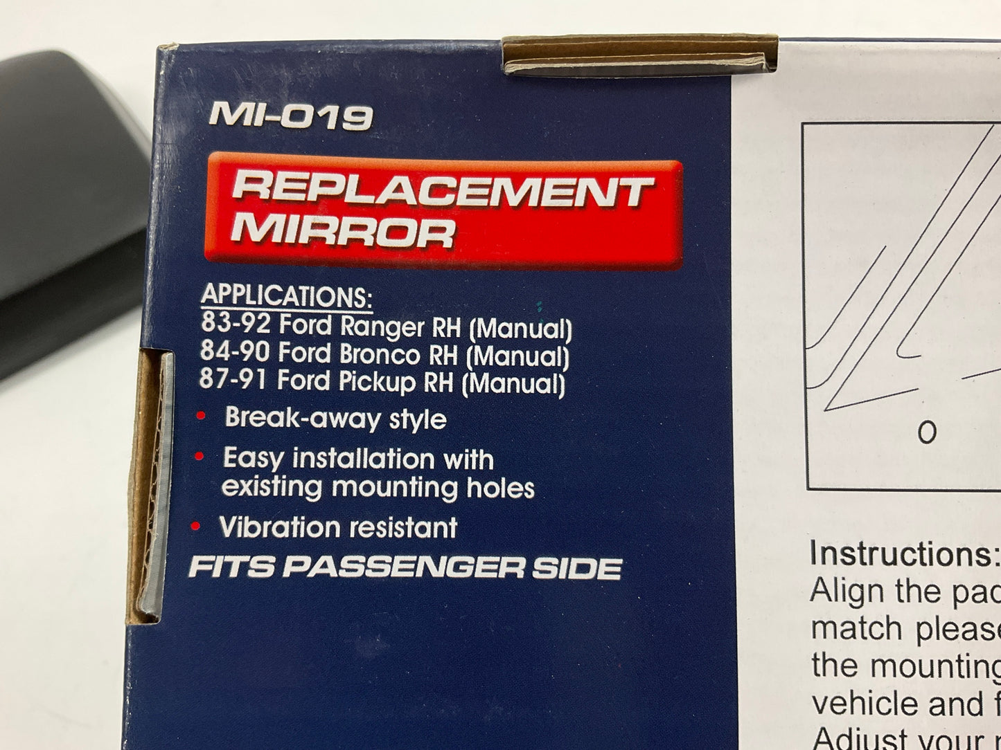 Pilot MI019 Front Right Manual Fold-Away Door Mirror For 1984-90 Ford Bronco II