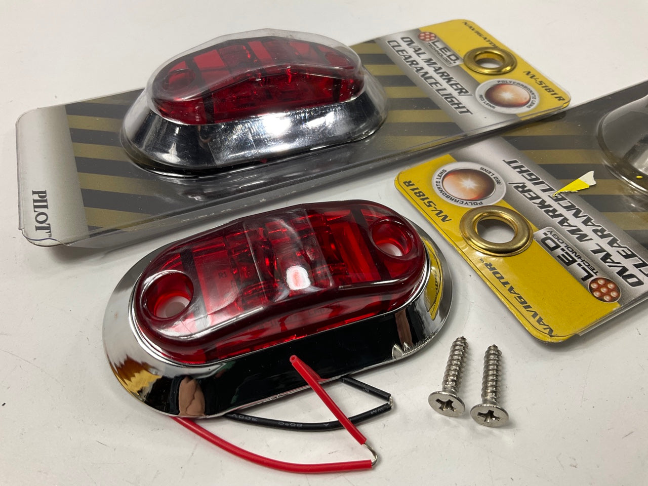 (2) Pilot NV5181R Oval Red LED Clearance / Marker Light Lamps, Chrome Bezel