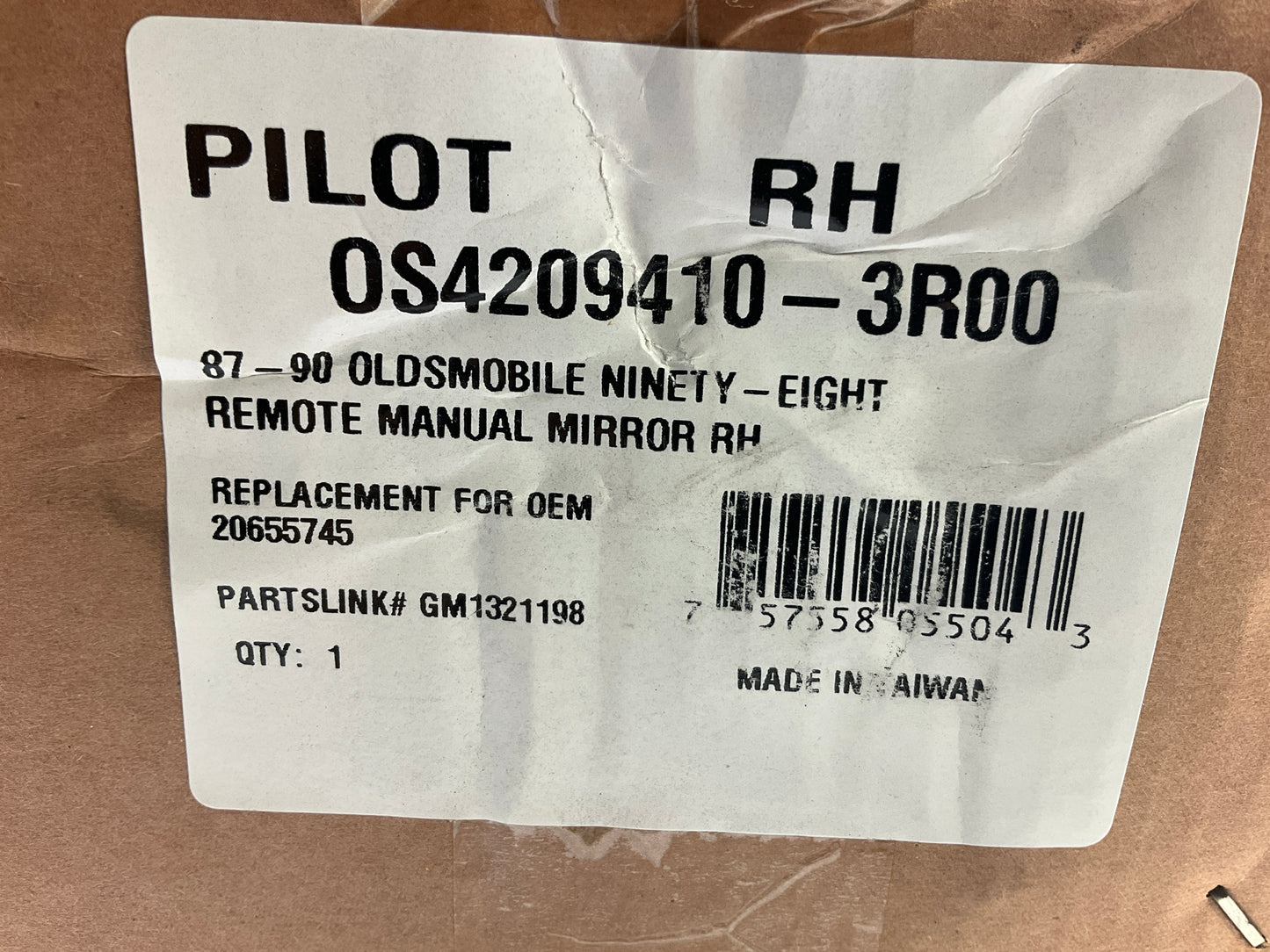 Pilot OS4209410-3R00 Non-heated Manual Remote Right Mirror - 1987-1990 Olds 98