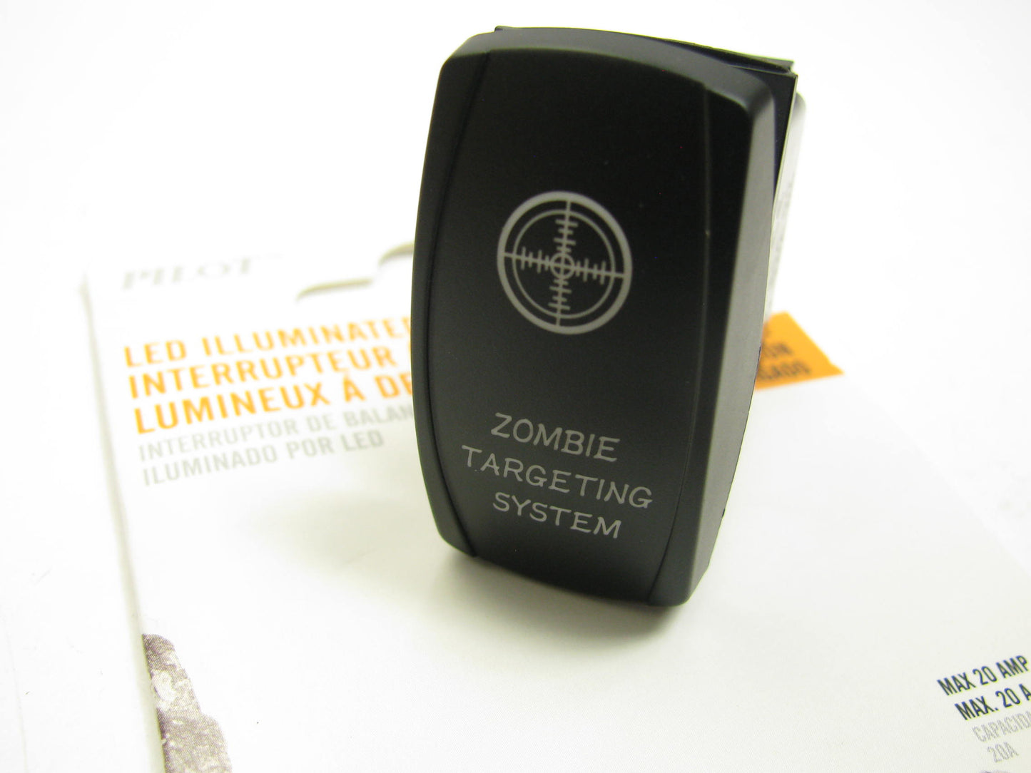 ''Zombie Targeting System'' PL-SW106B Blue Illuminated Laser Etched Rocker Switch