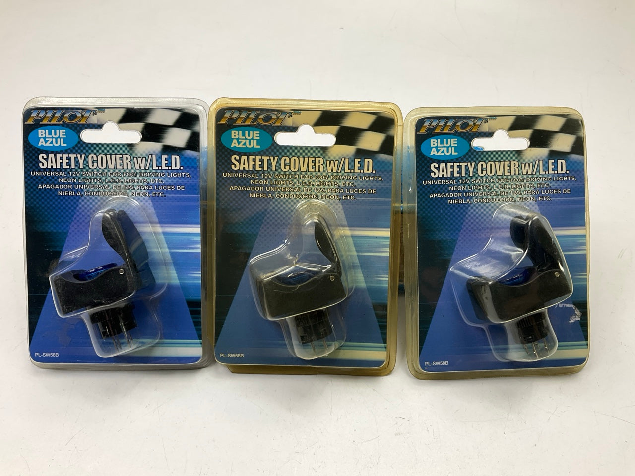 (3) Pilot Automotive PL-SW58B Safety Cover Push Button Switch With Blue LED