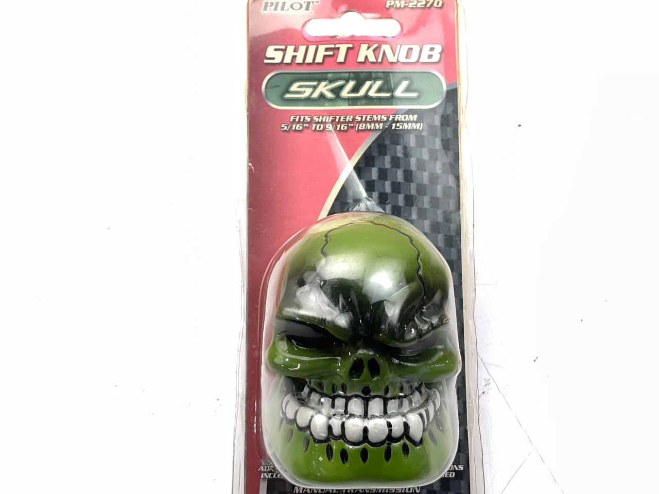 Pilot PM-2270 Manual Transmission Shift Knob Green Skull, For 5/16''- 9/16'' Stem