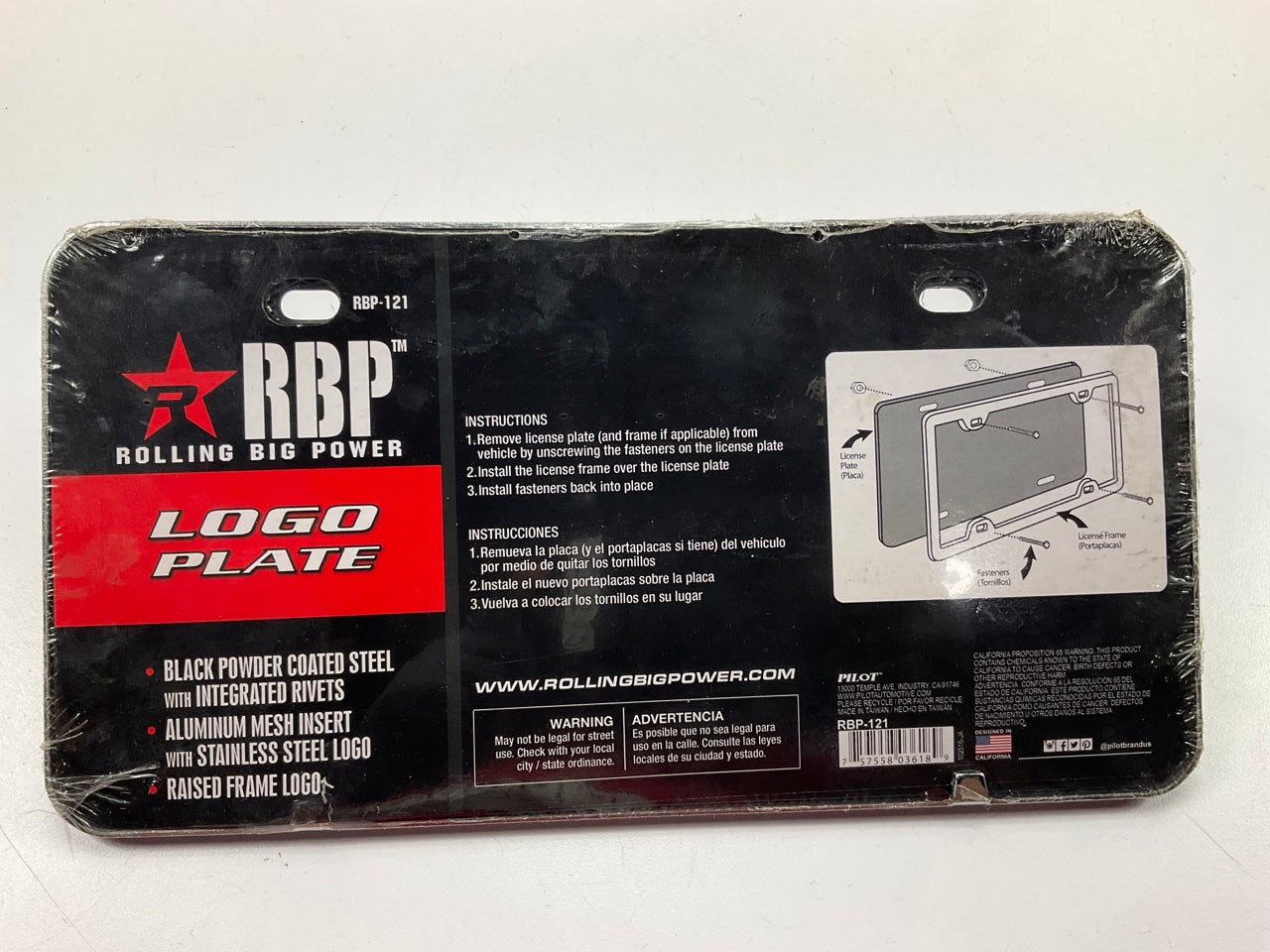 Pilot RBP-121 Black License Frame And Plate Combo With Mesh And Star Logo