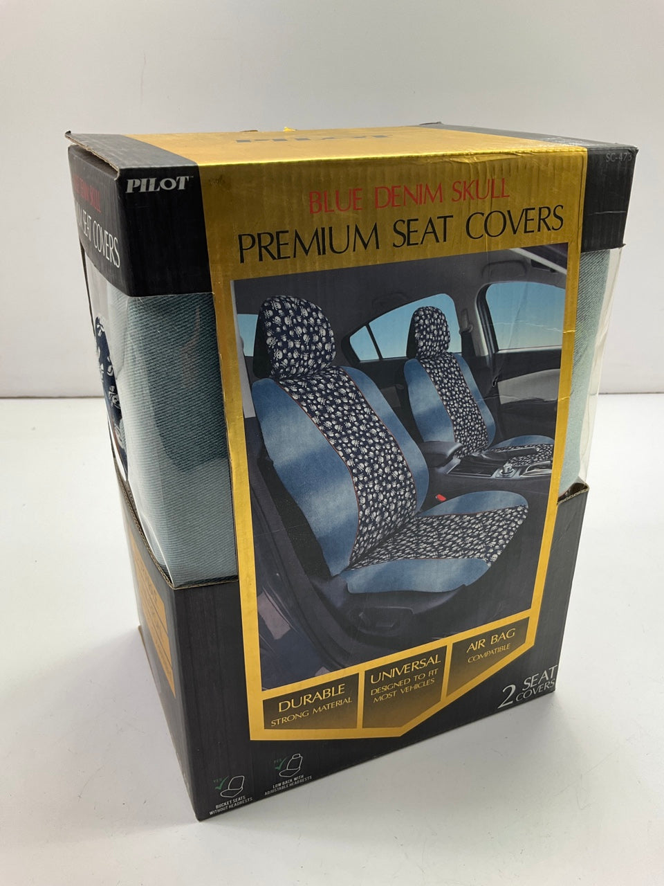 Pilot Automotive SC-473 Stonewash Denim With Tiny Skulls Inset Seat Covers, PAIR