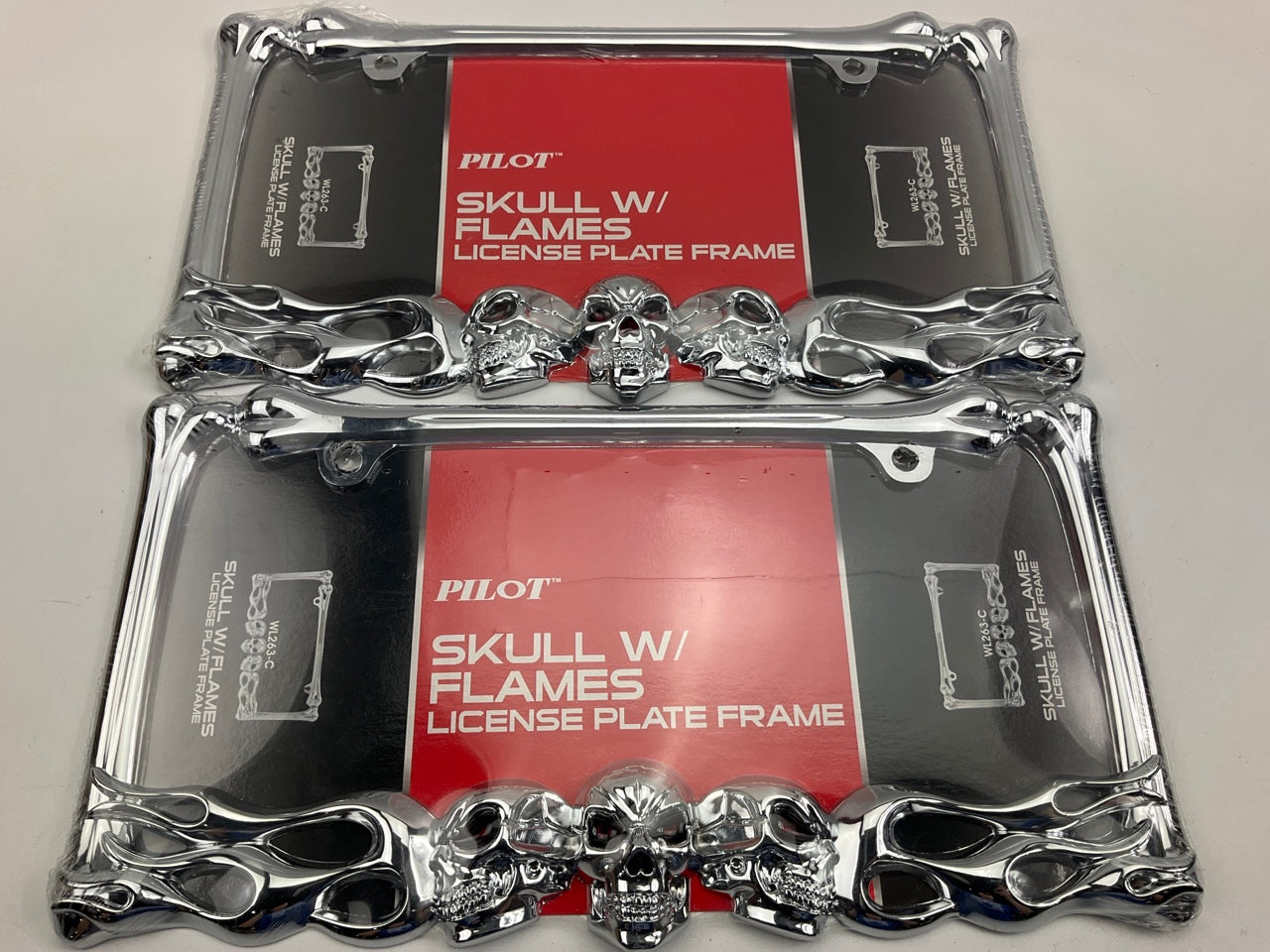 (2) Pilot Automotive WL263-C Chrome Skull And Flame License Plate Frames