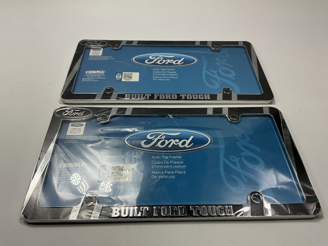 (2) Plasticolor 42528 Ford Built Tough License Plate Frame Chrome, Black Metal