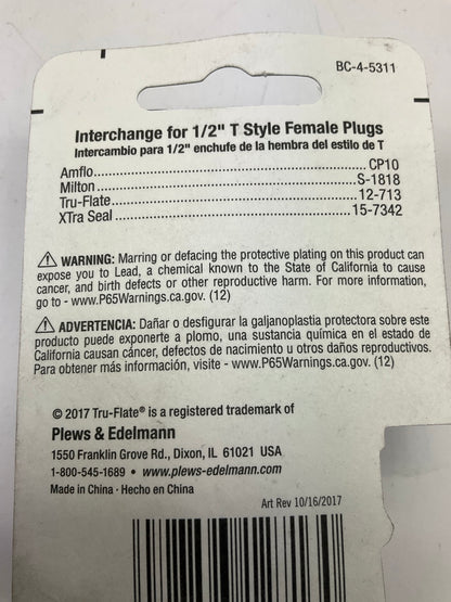 Plews 12-713 Plug, 1/2'' T-F, 1/2'' FNPT, T-Design