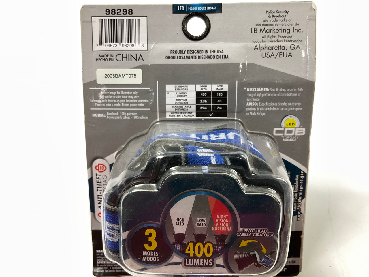 Police Security 98298 Head Mounted Headlamp Head Flashlight 400 Lumens, 3 AAA