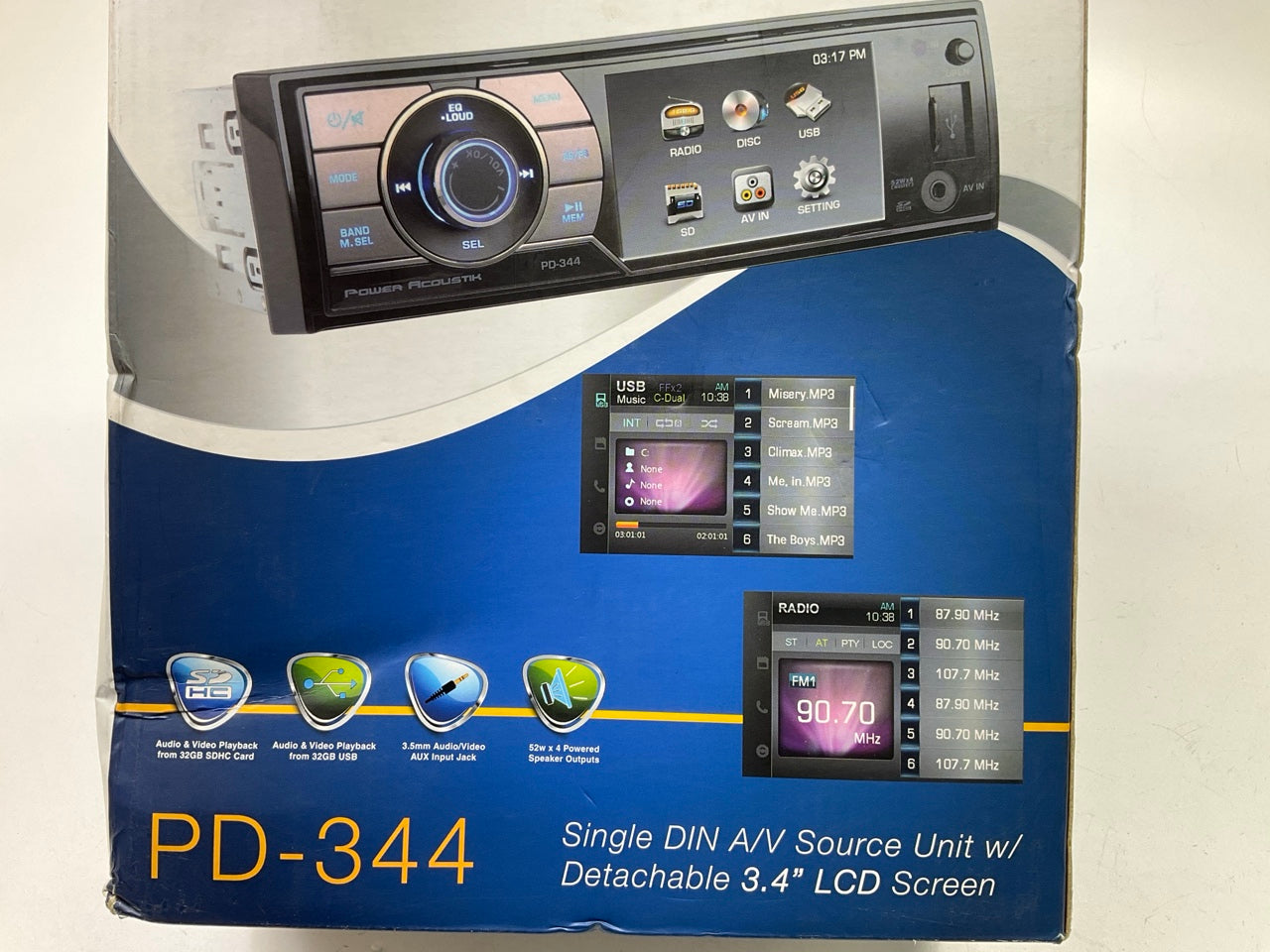 Power Acoustik PD-344 Car Radio 3.4-Inch DVD/CD Single DIN Receiver Stereo