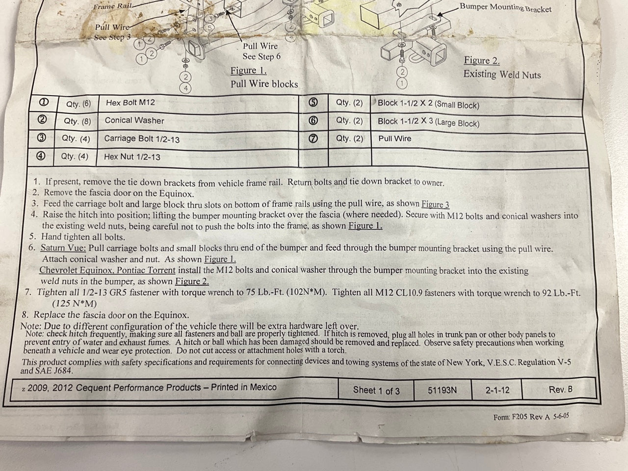MISSING HARDWARE - Pro Series 51193 Class 3 Trailer Hitch For 05-14 Equinox