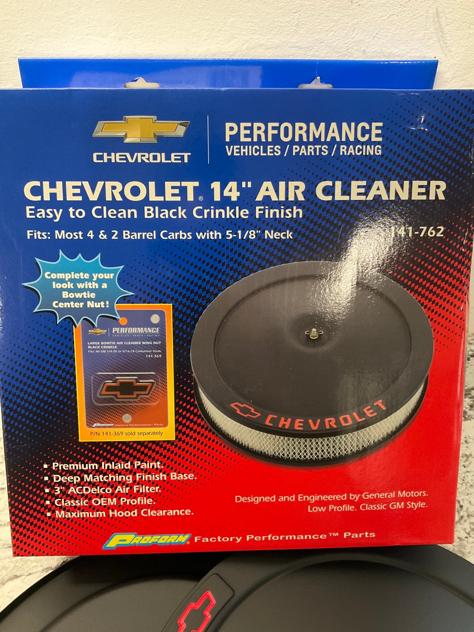 Proform 141-762 14'' Classic Air Cleaner Kit, Black Crinkle Chevrolet Red Logo