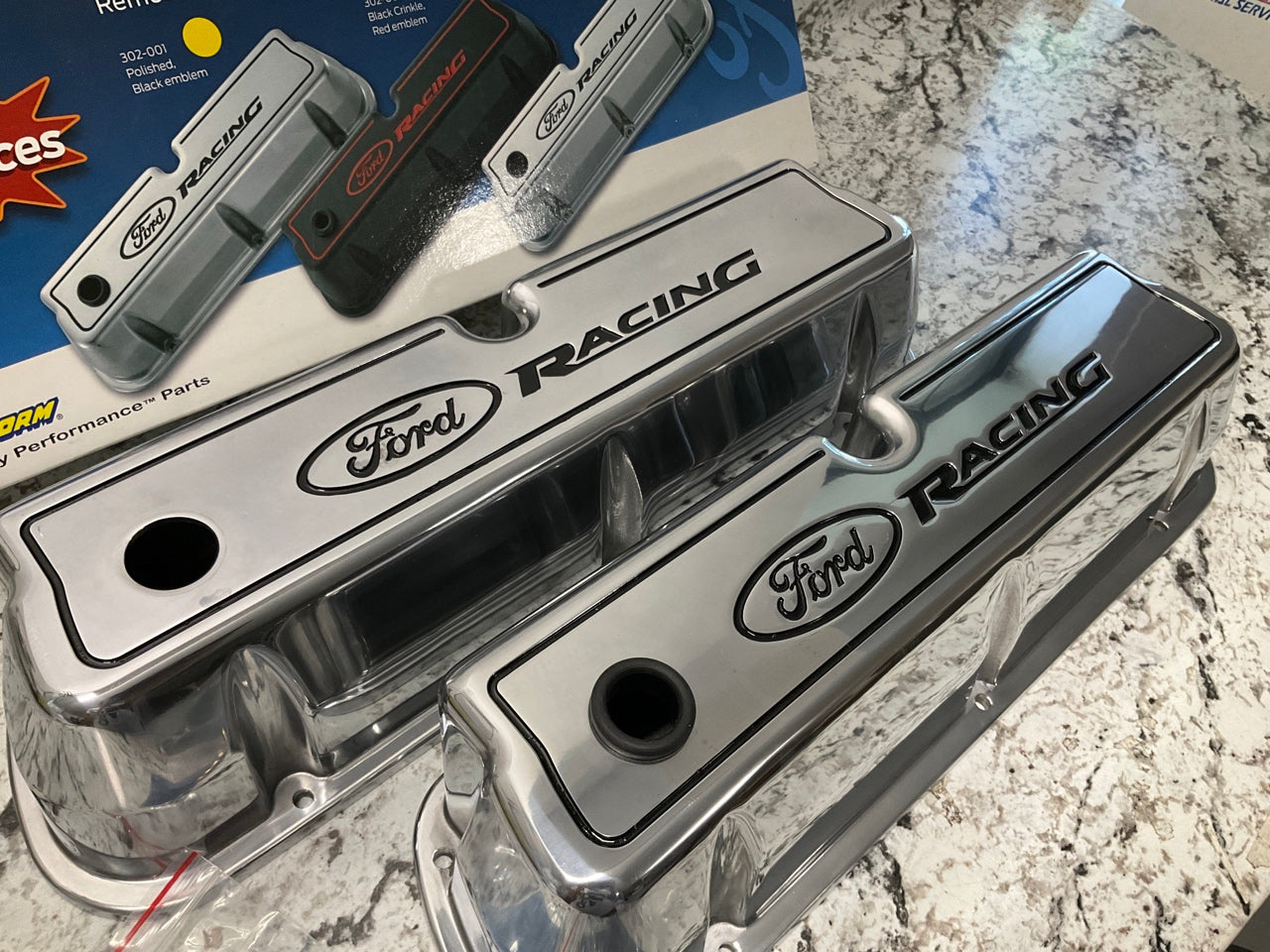 Proform 302-001 Aluminum Valve Covers Tall Polished With Black Ford Racing Logo