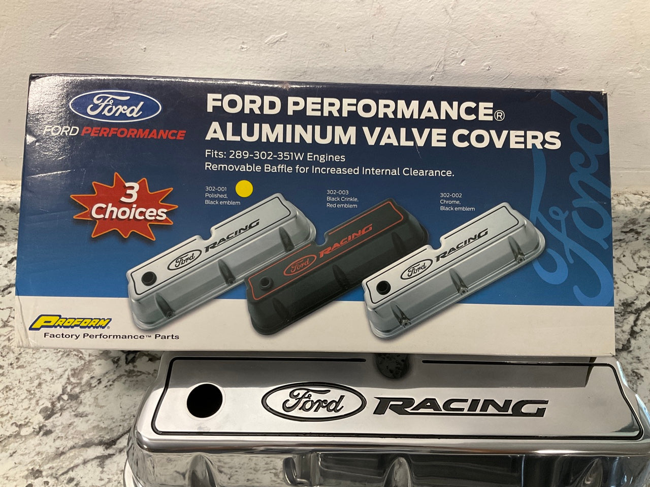Proform 302-001 Aluminum Valve Covers Tall Polished With Black Ford Racing Logo