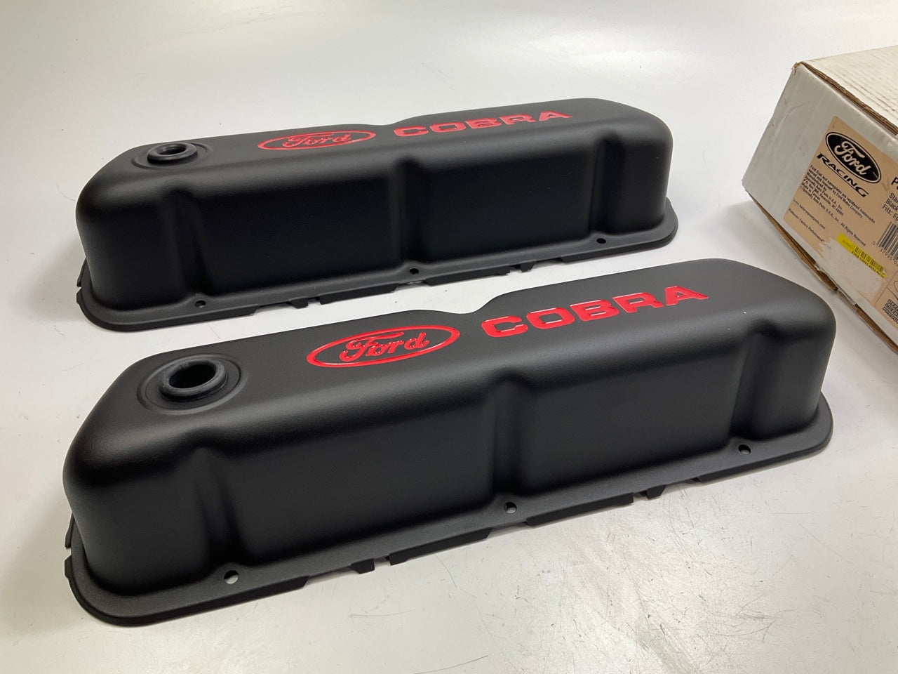 Ford Racing Steel Valve Covers Black Crinkle, Red ''Ford Cobra''  289 302 SBF V8
