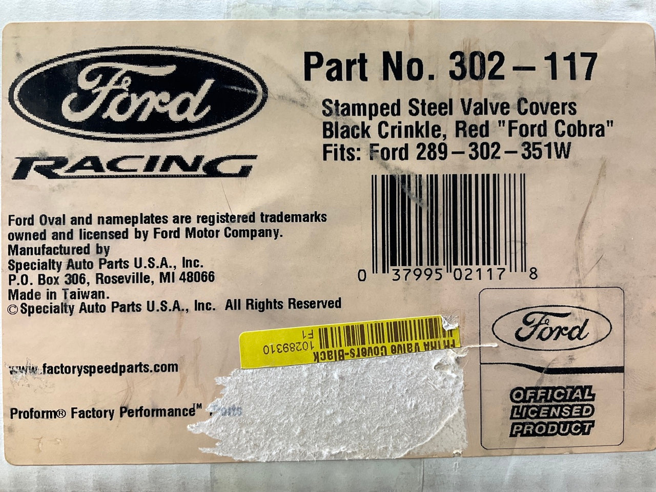 Ford Racing Steel Valve Covers Black Crinkle, Red ''Ford Cobra''  289 302 SBF V8