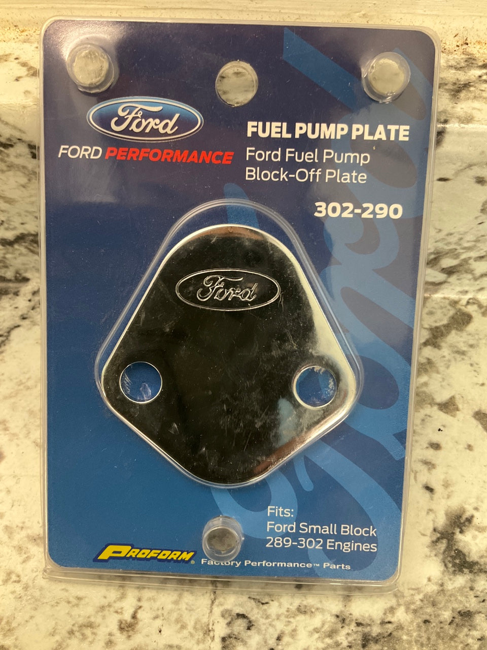 Proform 302-290 Fuel Pump Block-Off Plate Chrome W/ Ford Oval SBF 289 302 351W