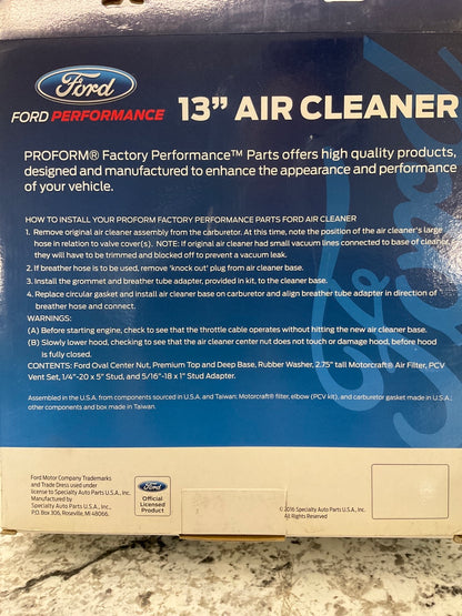 Proform 302-350 Chrome 13'' Air Cleaner Kit With Raised Ford Racing Logo & Filter